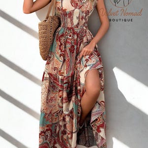 Boho Paisley Maxi Dress – Summer Beach Holiday Sundress | S–XL | Flowing V-Neck Dress with Slit