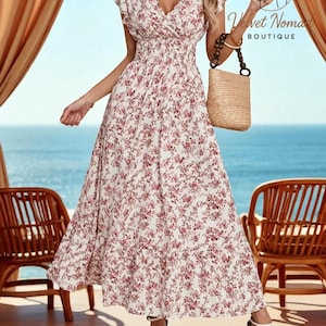 Boho Floral Maxi Dress | Summer Beach Dress Women | Flowy Sundress with Pockets | Casual Vacation Dress | Elegant Wedding Guest Outfit