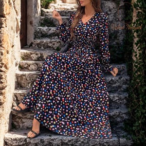 Boho Maxi Dress with Long Sleeves – Flowy Vintage Summer Sundress | Elegant Casual Floral & Print Dress