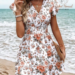 Floral Boho Summer Mini Dress – V-Neck, Short Sleeve, Flowy Casual Sundress for Women, Beach Party & Vacation Outfit