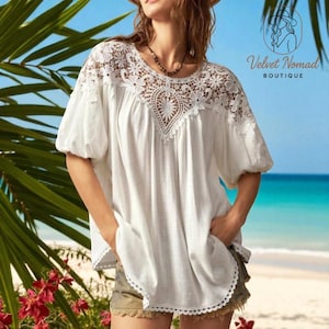 Boho White Crochet Lace Blouse – Beachy Cotton Tunic Top | Summer Casual Shirt | Ready to Ship | Free Shipping | Limited Stock!
