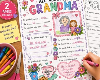 All About My Grandma Printable Worksheet, Grandma Questionnaire, Mother’s Day Grandma Gift, Grandma Coloring Page, Printable Keepsake Gift
