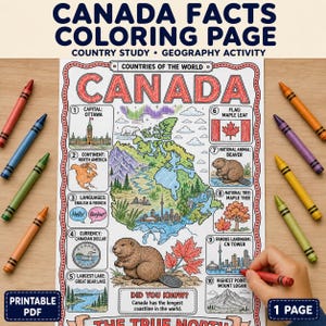 May include: A Canada facts coloring page featuring a central map of Canada surrounded by ten numbered educational sections including the capital, flag, national animal, and landmarks, with colorful crayons placed around the white paper sheet.