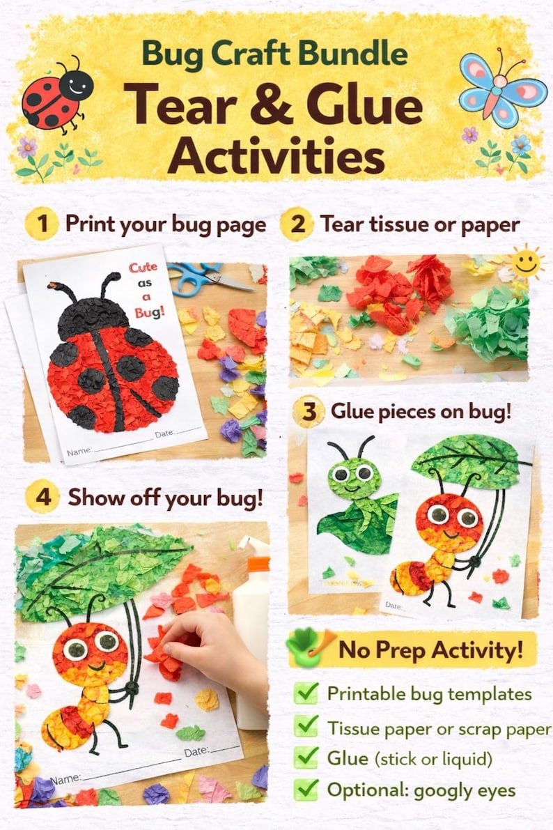Spring Bug Torn Paper Craft Activity, Fine Motor Skills (digital ...