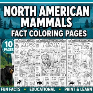 May include: A set of 10 North American Mammals fact coloring pages featuring black and white line art illustrations of a moose, bison, and mountain lion. Each page includes educational text, habitat details, diet, and physical characteristics.