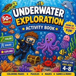 Op de afbeelding: De omslag van een "Underwater Exploration Activity Book" toont een stripduiker, een octopus, een krab en andere zeedieren. Het boek bevat kleurplaten, puzzels, doolhoven en spelletjes. De tekst bevat "50+ pagina's", "Hours of screen-free fun!" en "Perfect for kids ages 4-8".