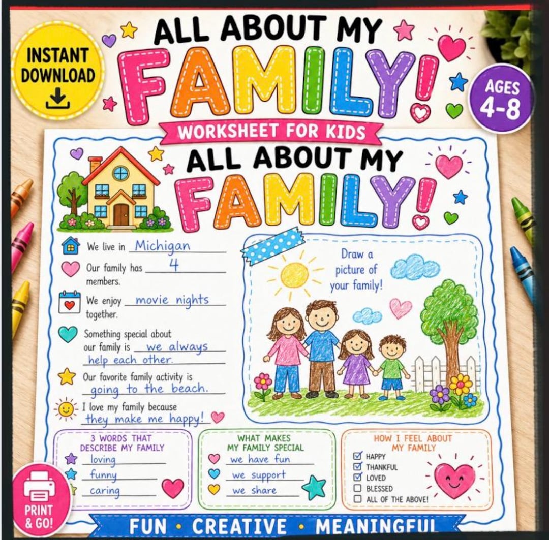 All About My Family Printable Worksheet, Kids Family Activity Page, All About Me Sheet, Coloring ...