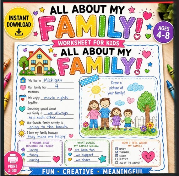 All About My Family Printable Worksheet, Kids Family Activity Page, All About Me Sheet, Coloring Page PDF, Homeschool Worksheet, Keepsake