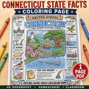 Könnte beinhalten: Eine Ausmalvorlage mit Fakten zum US-Bundesstaat Connecticut, die eine zentrale Kartenillustration mit Leuchtturm, Schiff, Baum und Wal zeigt. Die Seite enthält zehn nummerierte Abschnitte mit Text über staatliche Symbole und Geschichte.