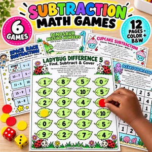 Può includere: Un set di giochi matematici di sottrazione stampabili con temi colorati come coccinelle, dinosauri, cupcake, spazio e vita marina. Le pagine includono istruzioni, griglie numeriche e tabelloni di gioco, accompagnati da gettoni di plastica rossi e gialli e dadi.