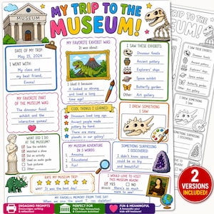 A colorful museum trip activity sheet with prompts for kids. The sheet includes sections for recording the date, favorite exhibits, and drawings. The text reads "My Trip to the Museum!" and includes a dinosaur graphic.