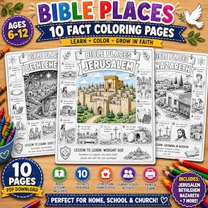 Op de afbeelding: Een set kleurplaten over bijbelse plaatsen met 10 informatiebladen met illustraties van Jeruzalem, Bethlehem en Nazareth. Elke pagina bevat historische feiten, lijntekeningen om in te kleuren en lessen over bijbelse locaties.