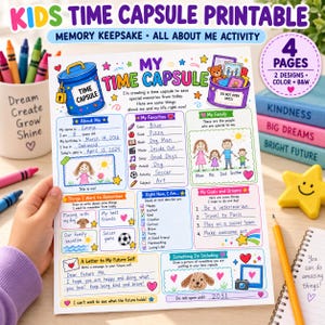 Könnte beinhalten: Ein ausdruckbares Zeitkapsel-Aktivitätsblatt für Kinder mit Abschnitten für persönliche Angaben, Favoriten, Familie, Ziele und einen Brief an das zukünftige Ich. Die bunte Seite enthält Illustrationen eines blauen Behälters und eines Welpen.