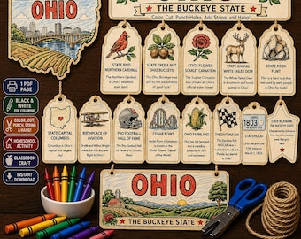 Ohio State Coloring Mobile Craft Printable, Ohio Geography Activity, Homeschool State Study PDF, Classroom Social Studies