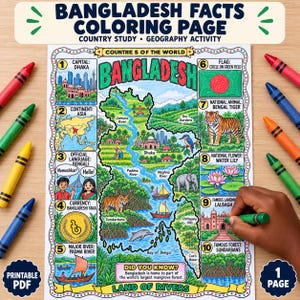 Könnte beinhalten: Ein Ausmalblatt mit Fakten über Bangladesch, das eine Landkarte, Illustrationen des Nationaltiers, der Nationalblume und Sehenswürdigkeiten zeigt, ergänzt durch nummerierte Abschnitte zu Hauptstadt, Währung und Sprache.