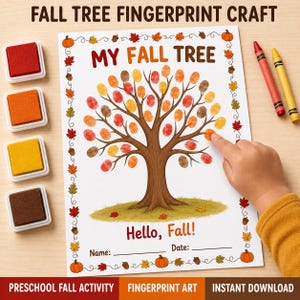 May include: A Fall Tree Fingerprint Craft activity sheet featuring a brown tree illustration with blank branches, the text 'MY FALL TREE' and 'Hello, Fall!', four square ink pads in red, orange, yellow, and brown, and two crayons.