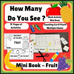 Könnte beinhalten: Ein farbenfrohes Mini-Buch mit dem Titel "How Many Do You See?" mit Zählaktivitäten zum Thema Obst. Das Cover zeigt Text, einen roten Apfel und eine Ananas. Im Inneren befinden sich Seiten mit Obstillustrationen, Zahlen und Ausschneideelementen.