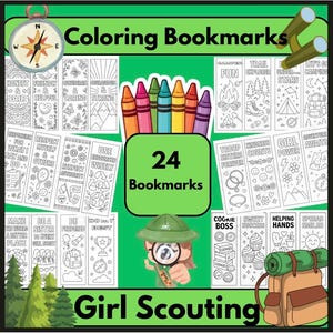 Girl Troop Scouting Coloring Bookmarks – 24 Printable Scout Law & Camping Designs, Troop Activity PDF
