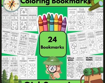Girl Scouting Coloring Bookmarks – 24 Printable Scout Law & Camping Designs, Troop Activity PDF
