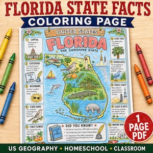 May include: A Florida state facts coloring page featuring a map of Florida surrounded by ten numbered educational sections, illustrations of local wildlife like an alligator and manatee, and a rocket launch, with five colored crayons on the sides.