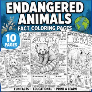 Può includere: Un set di 10 pagine da colorare educative intitolate Endangered Animals Fact Coloring Pages. I fogli presentano illustrazioni a linee bianche e nere di un panda rosso, un panda e un rinoceronte, accompagnate da testo informativo e fatti.