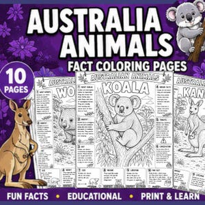 Australia Animal Facts Coloring Pages | Australian Animals Printable | Koala Kangaroo Wombat Coloring Sheets | Homeschool Science Activity