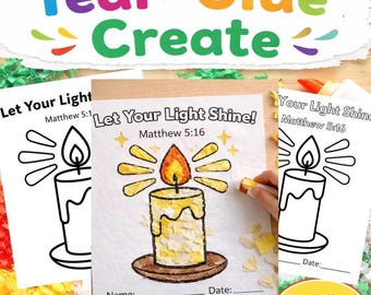 Let Your Light Shine Candle Tissue Scrap Torn Paper Craft | Matthew 5:16 Bible Activity (PDF Download)