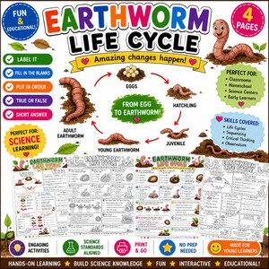 May include: An educational Earthworm Life Cycle activity set featuring four pages of worksheets. The design includes a colorful diagram showing the stages from eggs to adult earthworm, with text labels, multiple-choice questions, and fill-in-the-blank exercises for science learning.