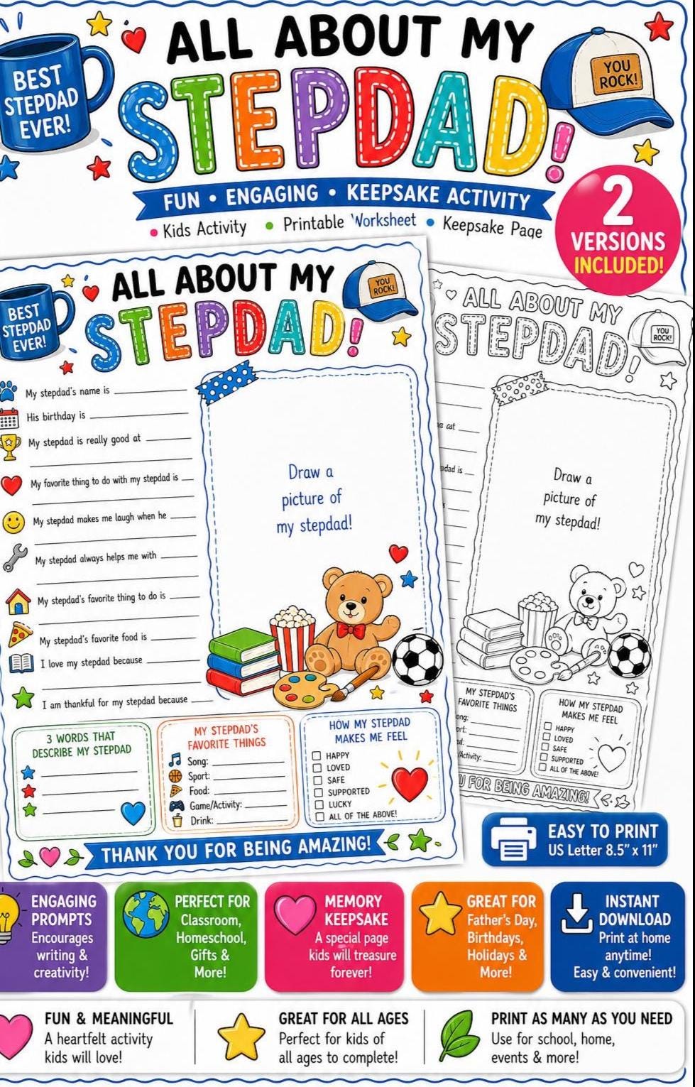 Step Dad Questions Printable All About My Stepdad Printable Worksheet, Father’s Day Stepdad Gift ...