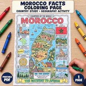 Peut inclure: Une page de coloriage sur le Maroc présentant une carte centrale du pays entourée de dix sections numérotées détaillant la capitale, le continent, les langues, la monnaie, les montagnes, le drapeau, l'arganier, le macaque et la mosquée.