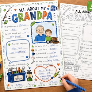 May include: Two printable All About My Grandpa activity sheets, one in full color and one in black and white. The sheets feature prompts for a child to fill in details about their grandfather, including a space for a photo and illustrations.