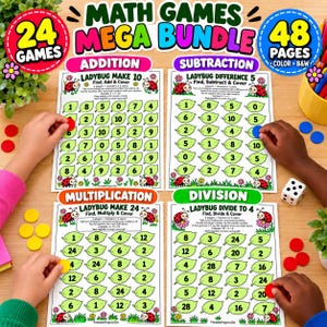 Puede incluir: Un paquete de juegos matemáticos con 24 juegos y 48 páginas de actividades de suma, resta, multiplicación y división. Cada página muestra cuadrículas de hojas con mariquitas y números, junto con fichas de juego de plástico de colores.