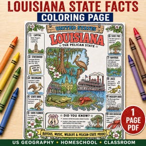 Könnte beinhalten: Ein Ausmalblatt mit Fakten über den US-Bundesstaat Louisiana, das eine Karte mit Illustrationen eines Pelikans, Alligators, Flusskrebses und Raddampfers zeigt. Es enthält zehn nummerierte Abschnitte zu Staatssymbolen und einen Wissensbereich.
