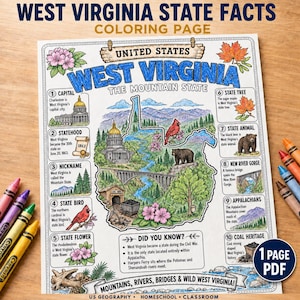 Pode incluir: Uma página para colorir com fatos sobre o estado da Virgínia Ocidental, apresentando um mapa do estado com ilustrações do capitólio, um urso preto, um cardeal e rododendros. A página inclui dez fatos numerados, uma seção de curiosidades e texto.