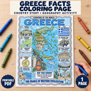 Op de afbeelding: Een Griekenland-feiten kleurplaat met een kaart, de Griekse vlag, het Parthenon en tien genummerde educatieve secties. De pagina bevat tekst zoals GREECE, CAPITAL: ATHENS en THE CRADLE OF WESTERN CIVILIZATION, omringd door kleurrijke kleurpotloden.