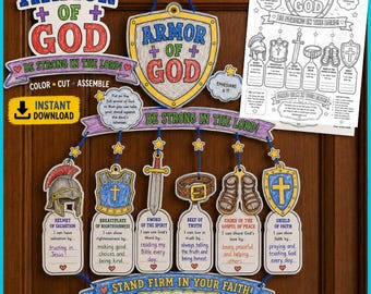May include: A paper craft mobile titled Armor of God featuring a shield, helmet, breastplate, sword, belt, shoes, and shield of faith. Each piece includes text and blanks for writing. A matching instruction sheet is included in the upper right corner.