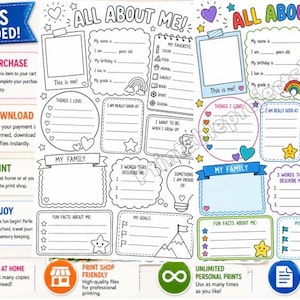 A printable "All About Me" worksheet with fill-in sections for personal details, favorites, and goals. Includes spaces for photos and drawings, with a rainbow and star theme. The PDF format is US Letter 8.5" x 11".