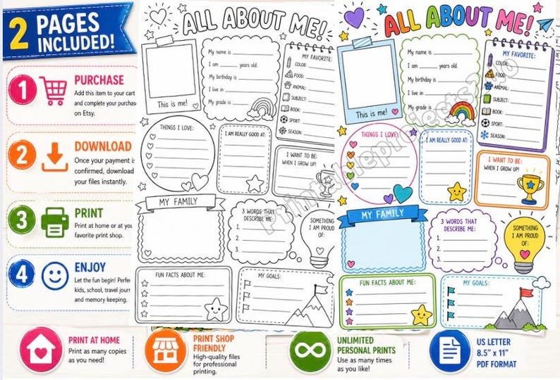 A printable "All About Me" worksheet with fill-in sections for personal details, favorites, and goals. Includes spaces for photos and drawings, with a rainbow and star theme. The PDF format is US Letter 8.5" x 11".