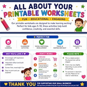 May include: A digital informational graphic titled ALL ABOUT YOUR PRINTABLE WORKSHEETS. It features colourful text, icons for home learning and classroom activities, a step-by-step how it works guide, and illustrations of a pencil and two children.