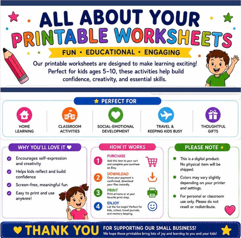 May include: A digital informational graphic titled ALL ABOUT YOUR PRINTABLE WORKSHEETS. It features colourful text, icons for home learning and classroom activities, a step-by-step how it works guide, and illustrations of a pencil and two children.