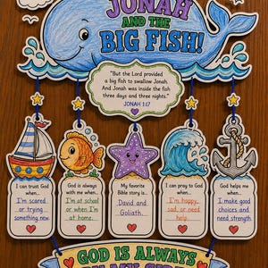 May include: A hanging wall decoration featuring a large blue whale with the text JONAH AND THE BIG FISH and JONAH 1:17. Below are five smaller hanging cutouts depicting a boat, fish, starfish, wave, and anchor with handwritten text and red hearts.