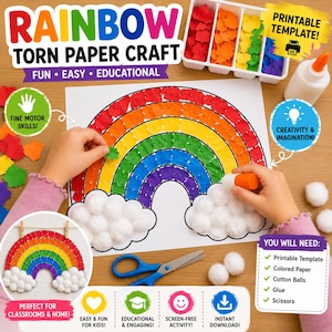 May include: A rainbow torn paper craft kit featuring a printable template, colored paper pieces in a divided tray, white cotton balls, and glue. The project shows a rainbow made of torn paper strips and cotton ball clouds, with scissors nearby.