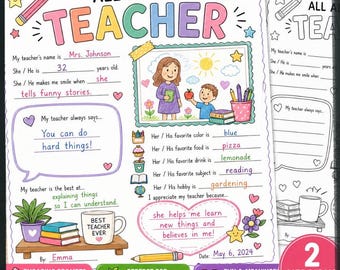 All About My Teacher Printable Worksheet, Teacher Appreciation Gift from Kids, Interview Coloring Page, Classroom Activity, End of Year Gift