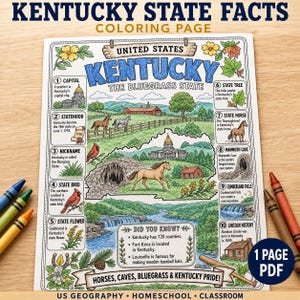 May include: A Kentucky state facts colouring page featuring illustrations of the state bird, flower, horse, and landmarks. The sheet includes ten numbered sections with educational text, a central map of Kentucky, and a Did You Know section at the bottom.