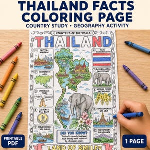 Może przedstawiać: Kolorowanka geograficzna o Tajlandii z mapą, flagą narodową, tajskim słoniem, zabytkiem Wat Arun oraz faktami o Bangkoku, Azji, języku tajskim, walucie baht, rzece Chao Phraya, kwiecie Ratchaphruek i szczycie Doi Inthanon.