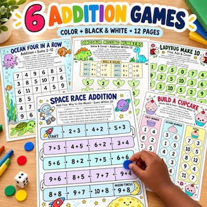 Puede incluir: Un conjunto de 6 juegos de suma impresos en 12 páginas, incluyendo Ocean Four in a Row, Dinosaur Missing Numbers, Ladybug Make 10, Space Race Addition y Build a Cupcake. Las páginas presentan ilustraciones coloridas, ecuaciones y cuadrículas.