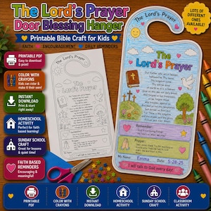 Lord’s Prayer Door Hanger Craft Printable, Bible Craft for Kids, Sunday School Coloring Activity, Homeschool Bible Lesson, Christian PDF