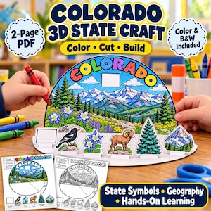 May include: A Colorado 3D state craft project featuring a colorful mountain landscape with a bighorn sheep, evergreen trees, and columbine flowers. The set includes a 2-page PDF with color and black and white templates for cutting and building.
