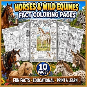May include: A collection of 10 educational coloring pages titled Horses & Wild Equines Fact Coloring Pages. The pages feature illustrations of various horses, donkeys, and zebras with informational text, facts, and diagrams about each animal.