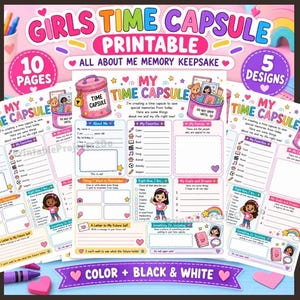 May include: A printable time capsule memory keepsake set for children featuring 10 pages and 5 designs. The sheets include sections for personal details, favorites, family, goals, and dreams, decorated with colorful illustrations of icons and characters.